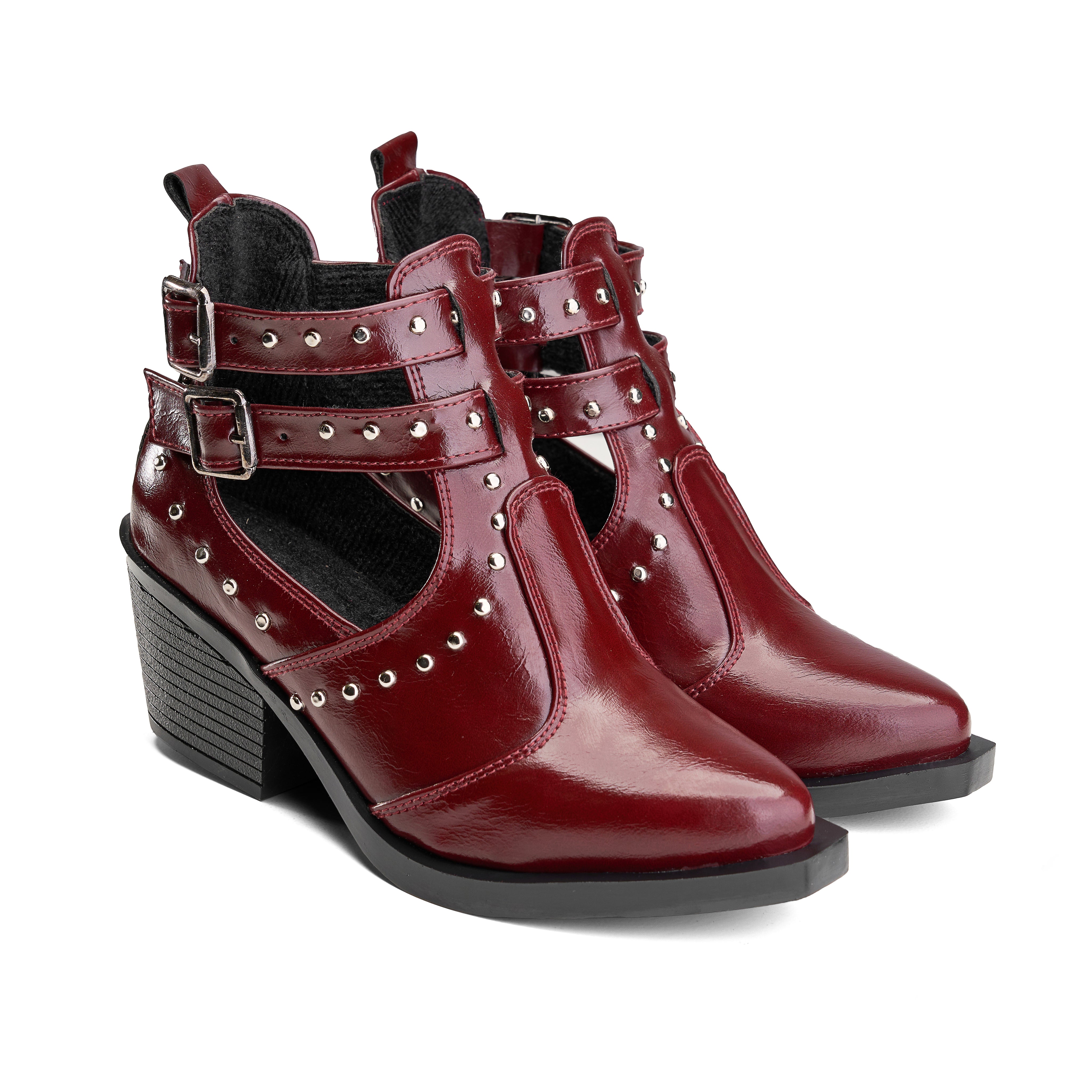 Block Heel Multi-Strap Boot - Maroon