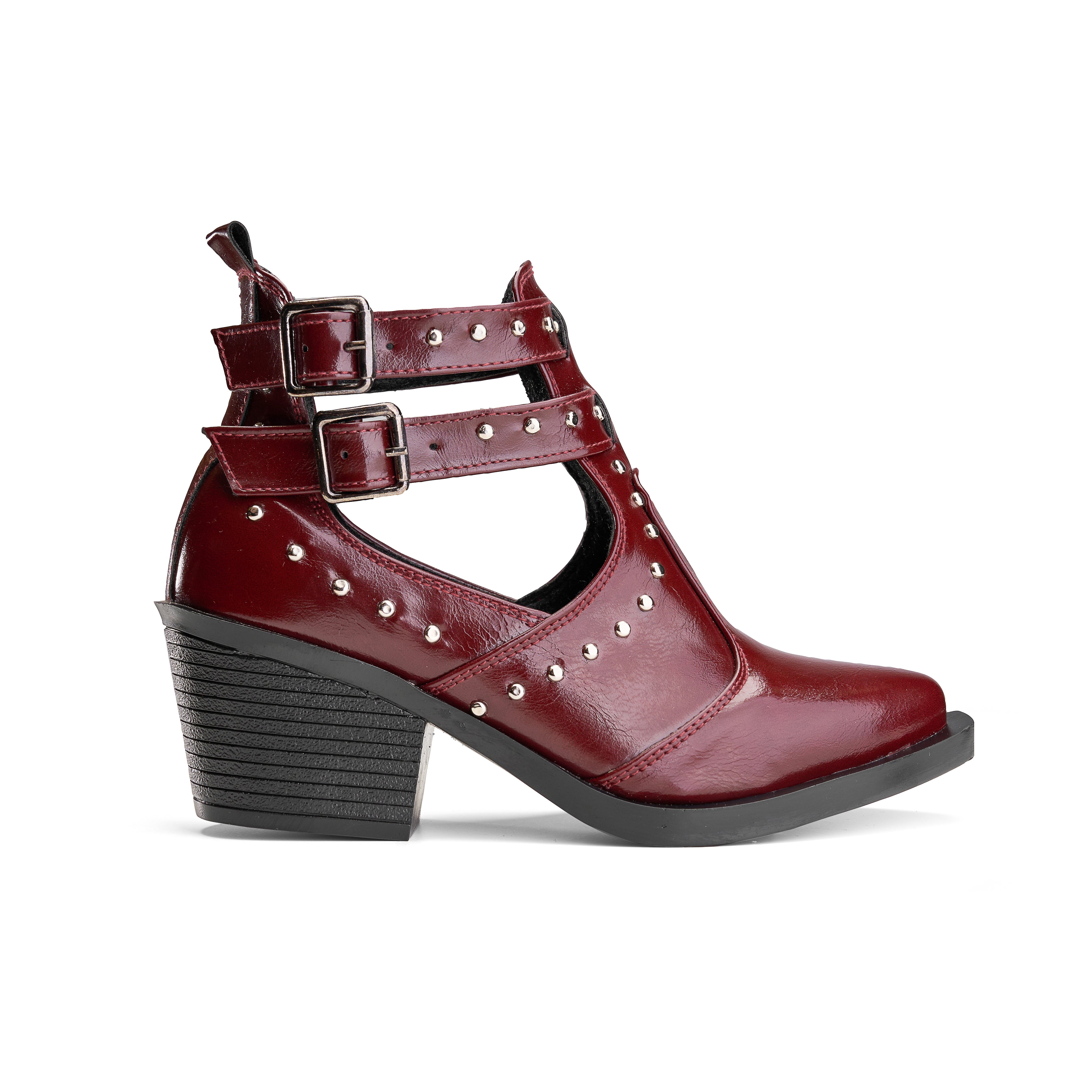 Block Heel Multi-Strap Boot - Maroon