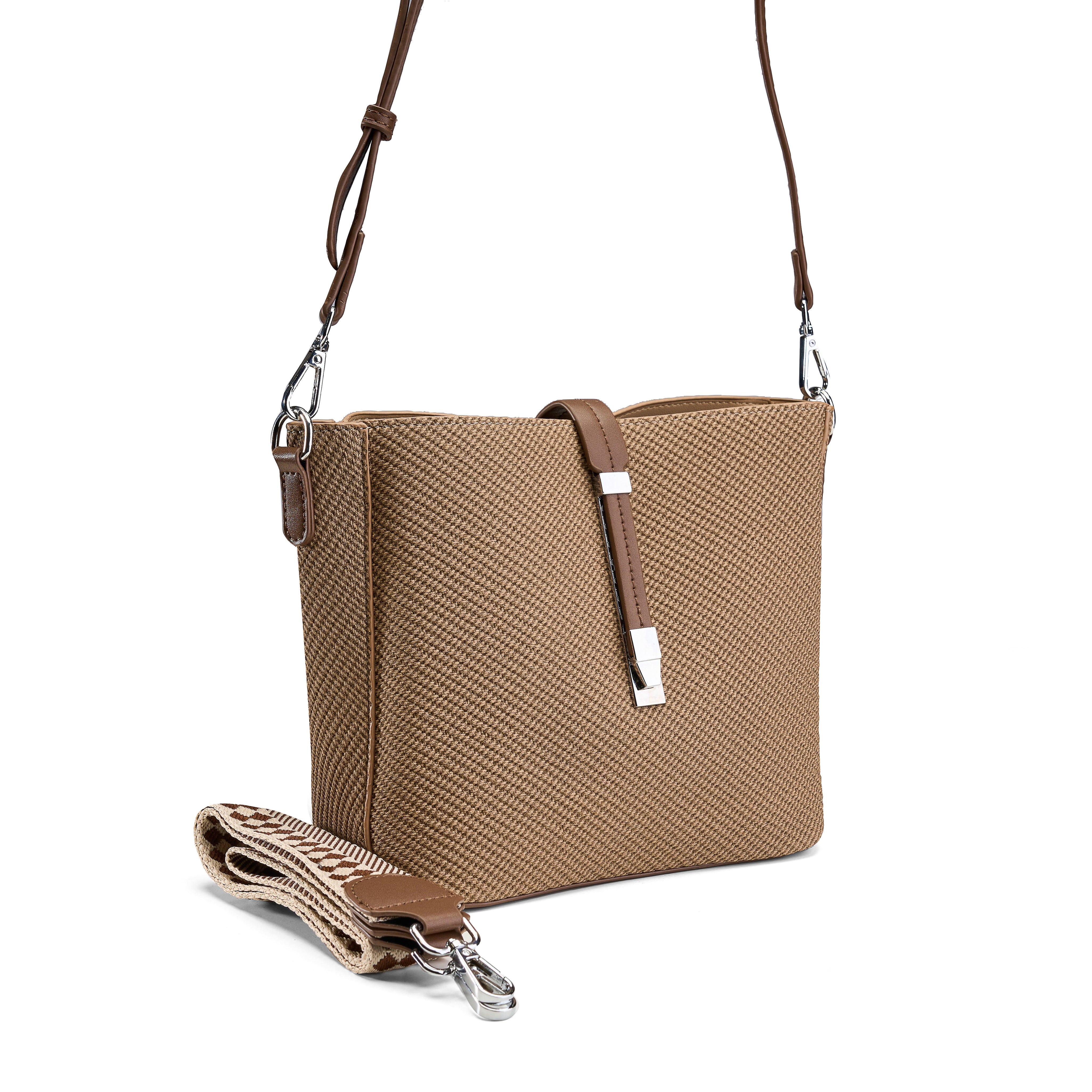 Woven Textile Bucket Crossbody - cafe