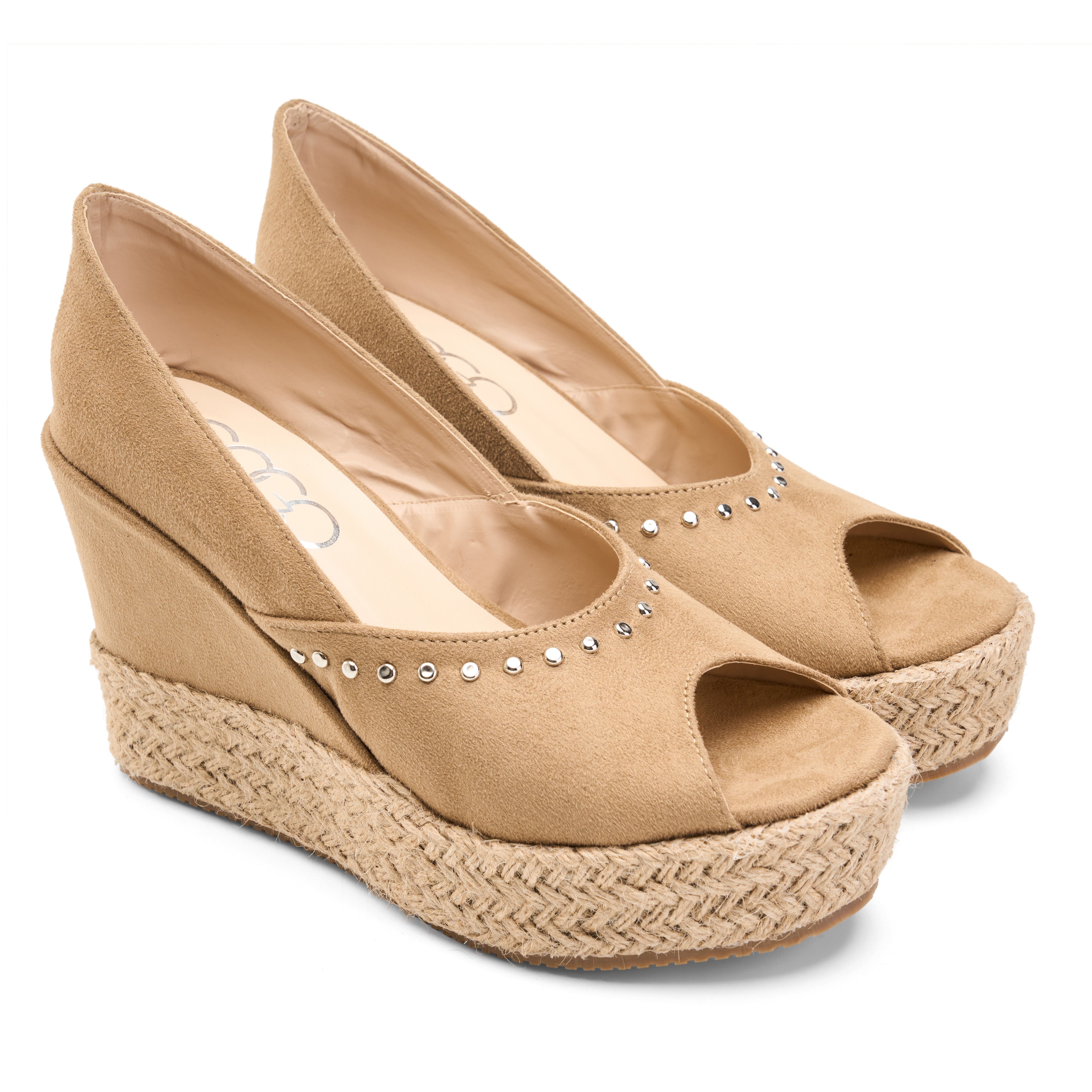Wedge Heels Tan Peep Toe Sandals Buy Two Straps Peep-Toe Wedges Sandals-Beige Online