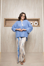 Boho Luxe Tassel Blouse & Abstract Wide-Leg Pants Set- BLUE