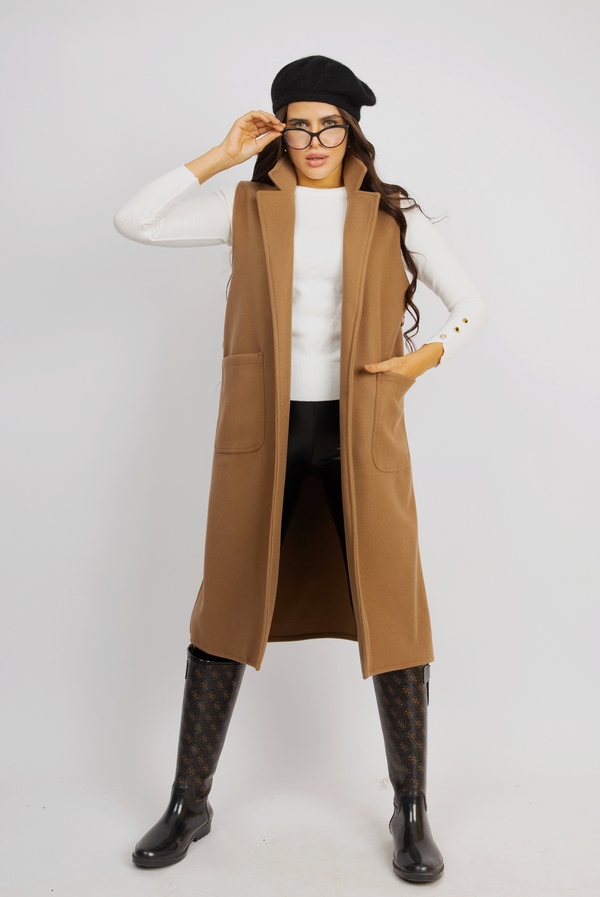 Sophisticated Long Sleeveless Coat - Camel