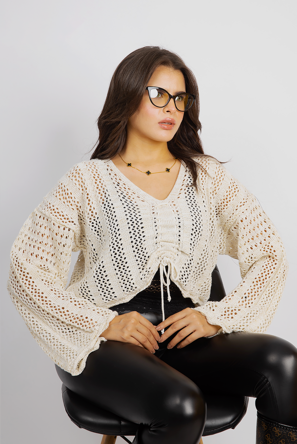 Boho-Chic Crochet Top with Drawstring Detail - Beige