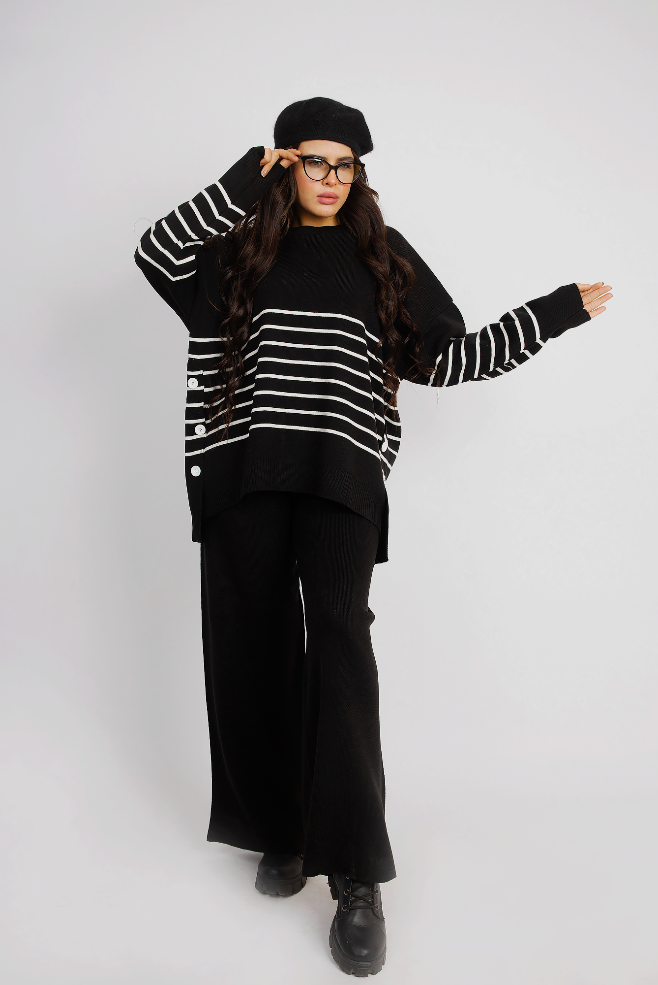 Striped Knit Lounge Set With Relaxed Fit - Black