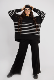 Striped Knit Lounge Set With Relaxed Fit - Black