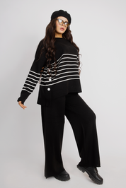 Striped Knit Lounge Set With Relaxed Fit - Black