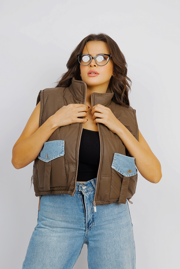 Puffer Vest With Denim Accent Pockets - Brown