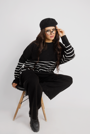 Striped Knit Lounge Set With Relaxed Fit - Black