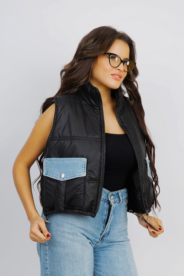 Puffer Vest With Denim Accent Pockets - Black