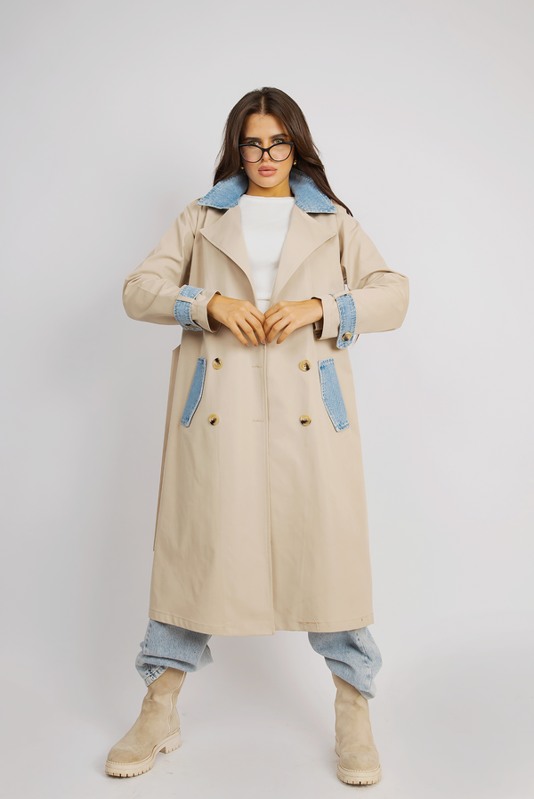 Urban Edge Trench Coat With Denim Highlights - Beige