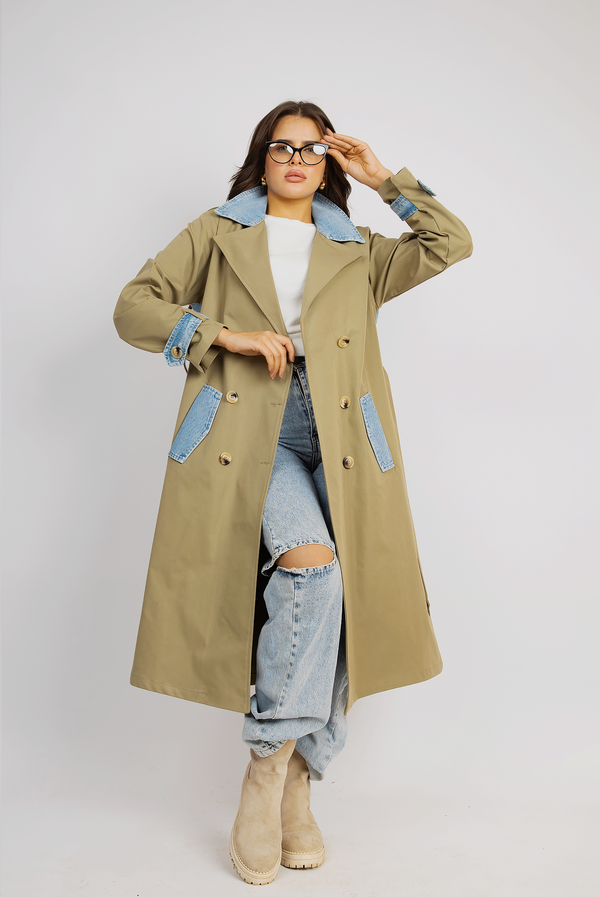 Urban Edge Trench Coat With Denim Highlights - Green