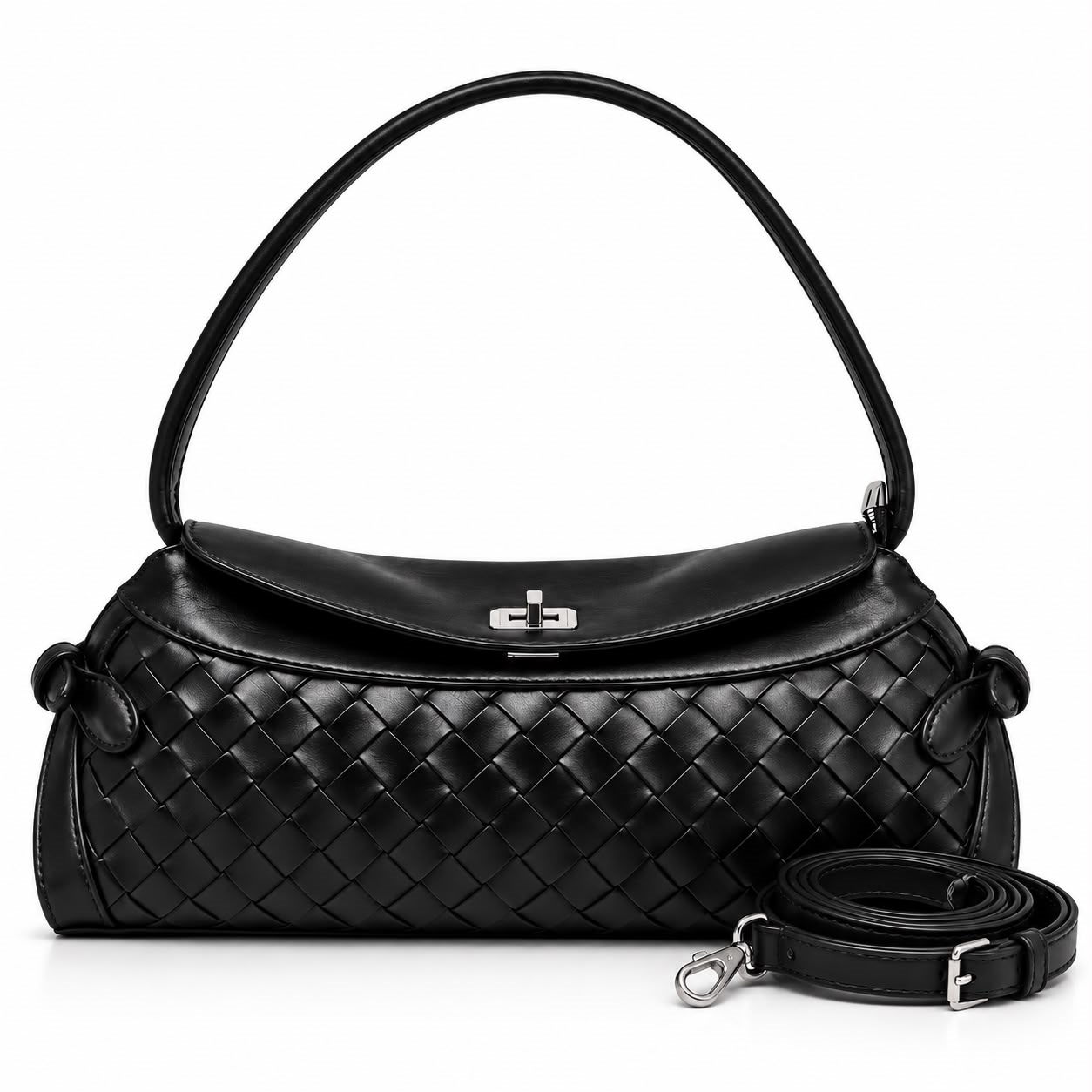 Sienna Woven Shoulder Bag – Black