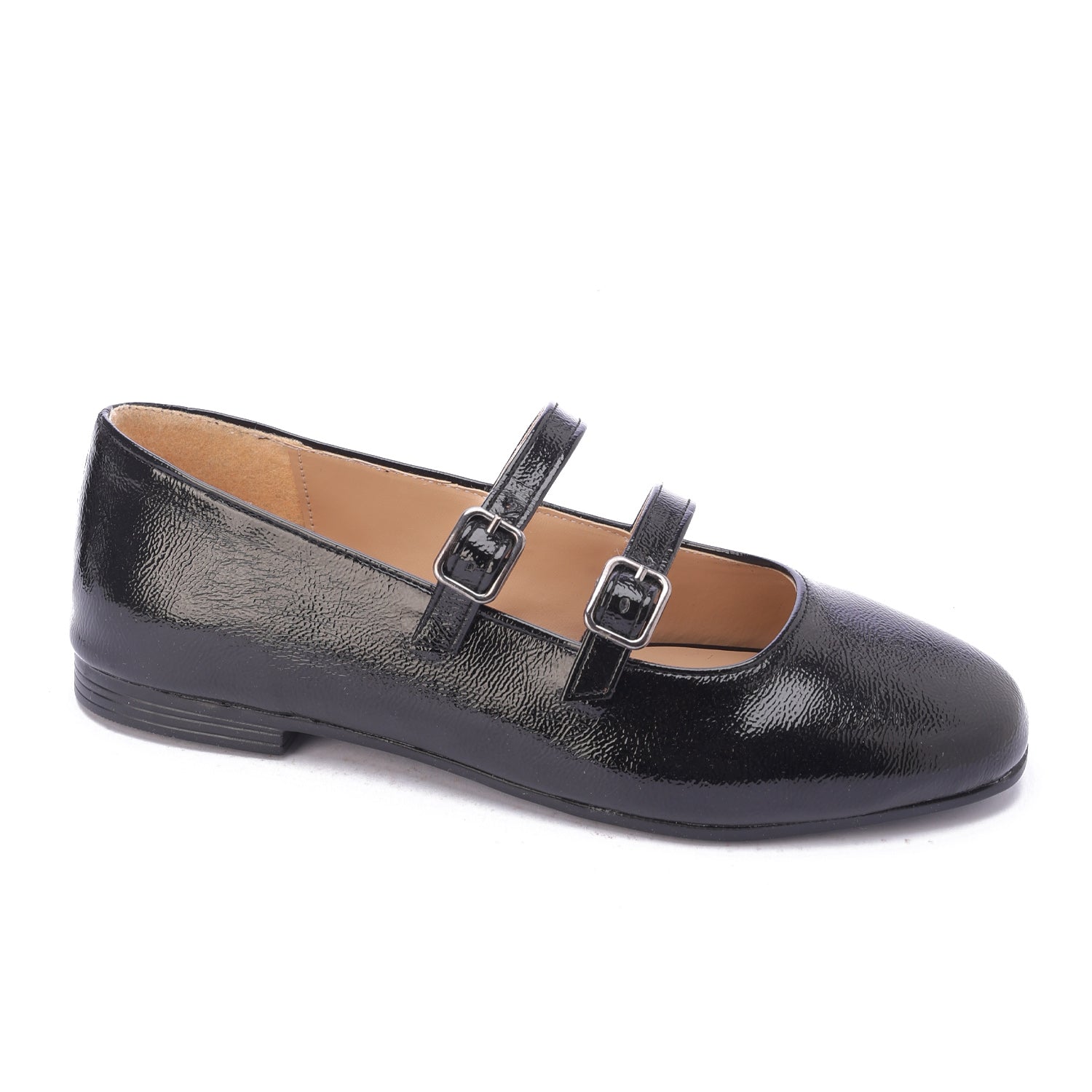 Shiny Double Strap Shoes-Black