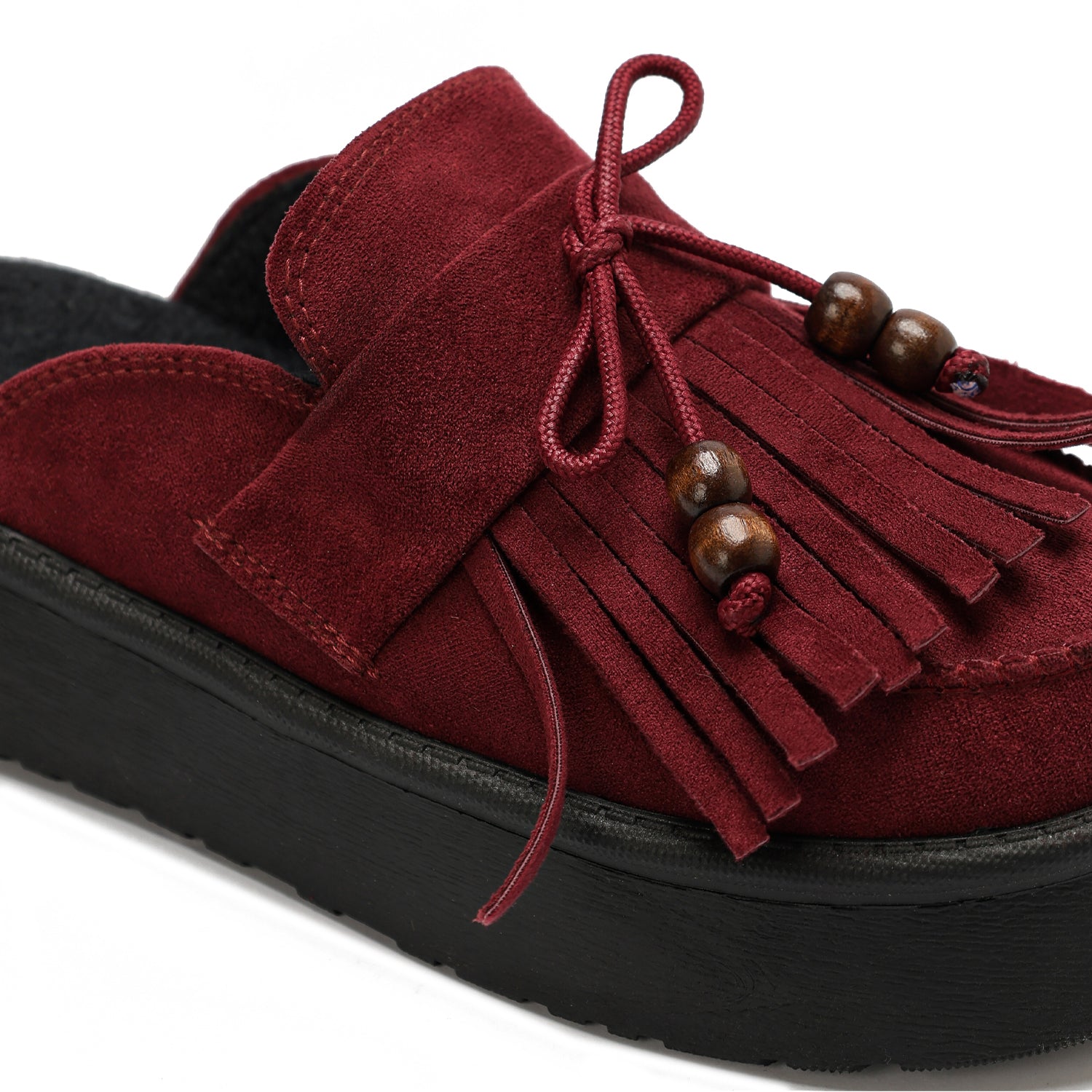 Beaded Fringe Suede Clogs - Maroon
