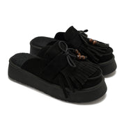 Beaded Fringe Suede Clogs - Black