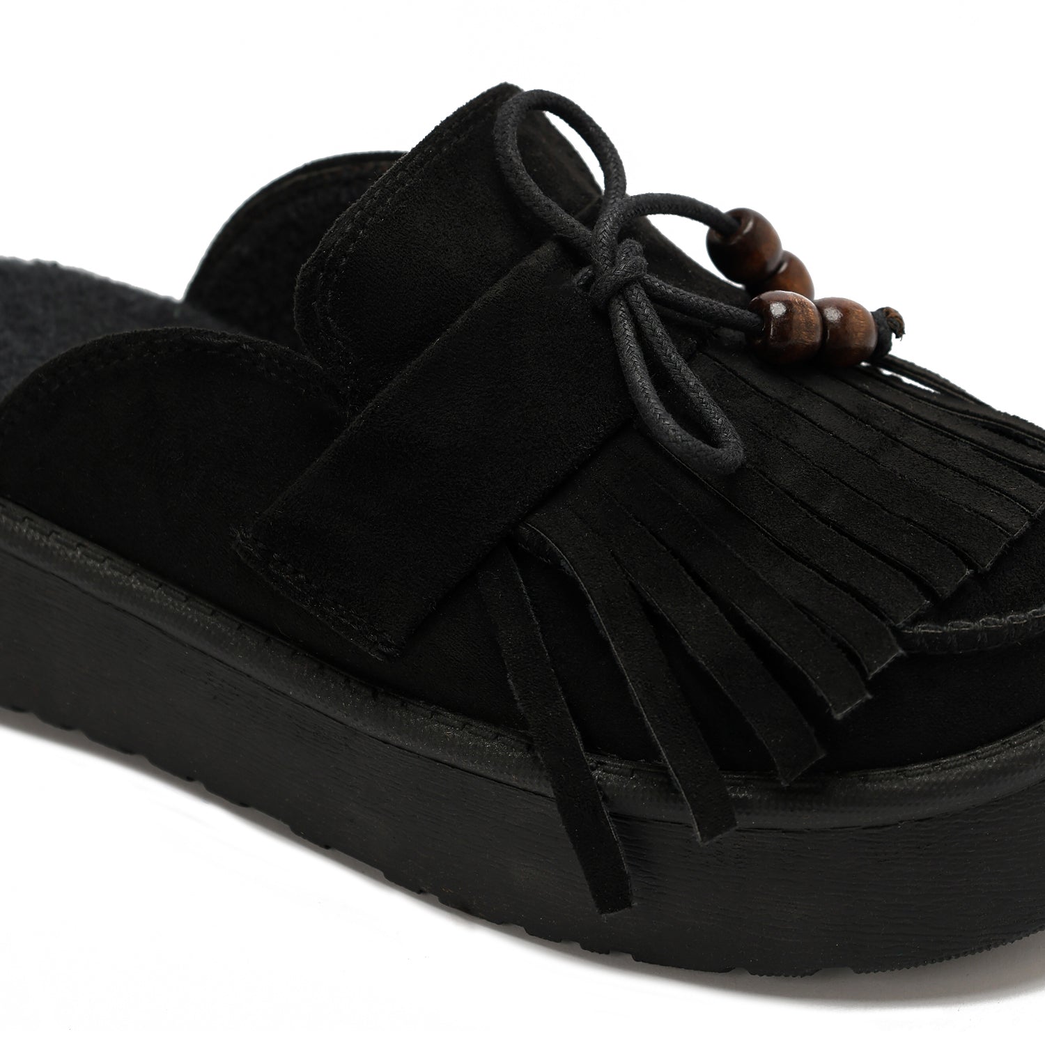 Beaded Fringe Suede Clogs - Black