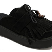 Beaded Fringe Suede Clogs - Black