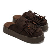 Beaded Fringe Suede Clogs - Brown