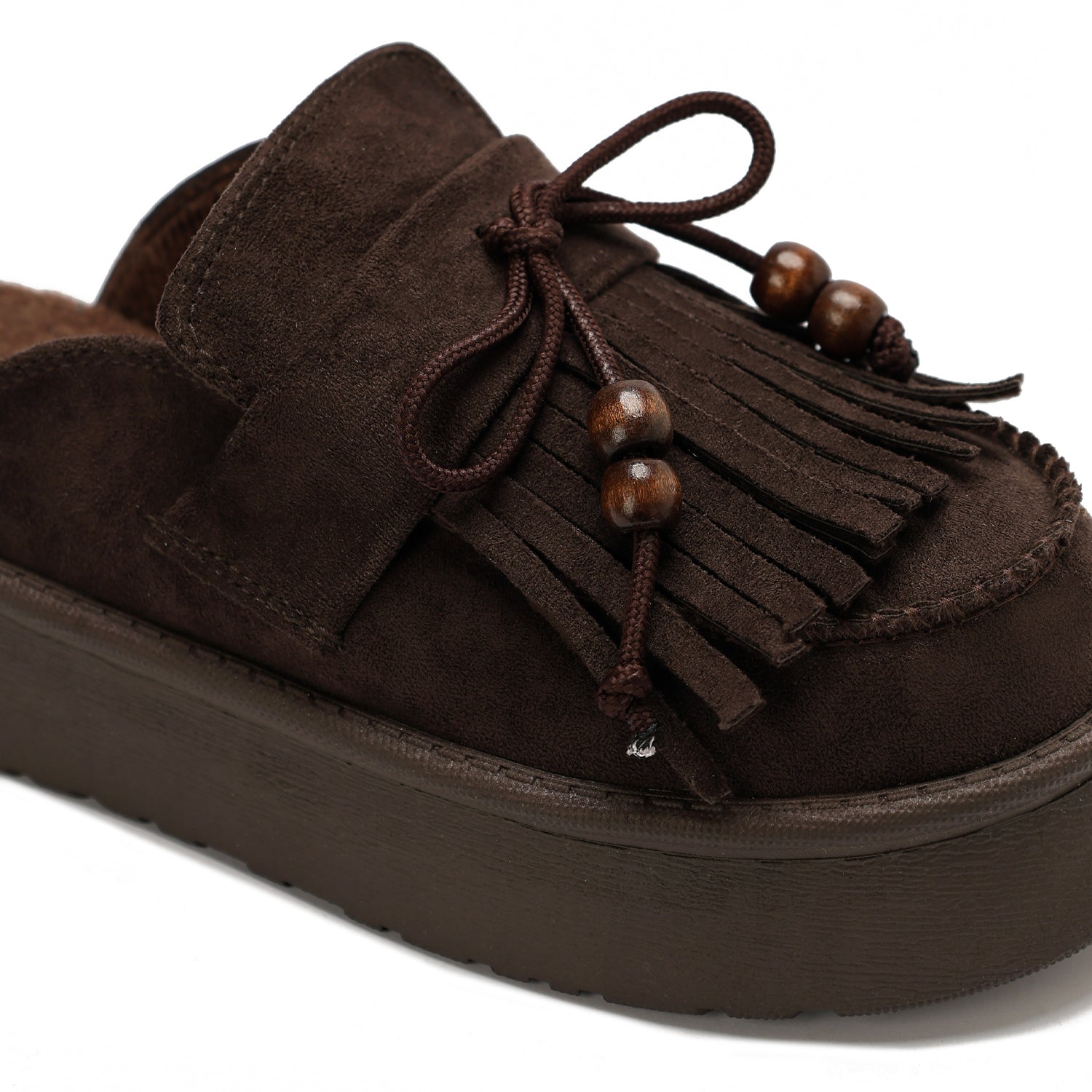 Beaded Fringe Suede Clogs - Brown