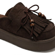 Beaded Fringe Suede Clogs - Brown