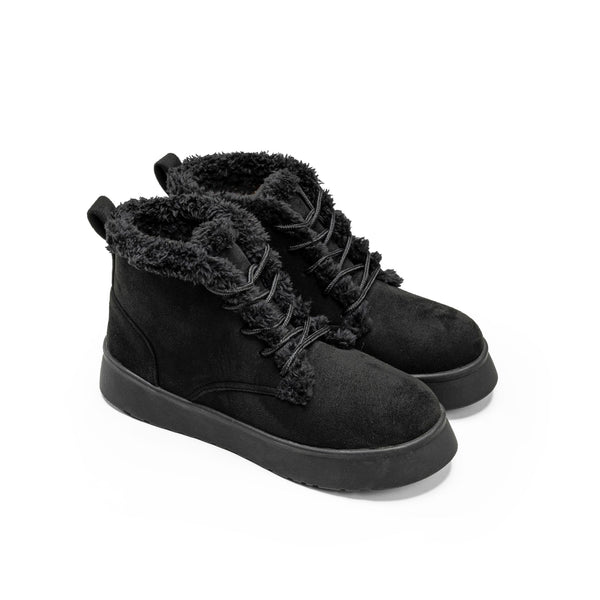 Suede Sherpa Ankle Boots - Black