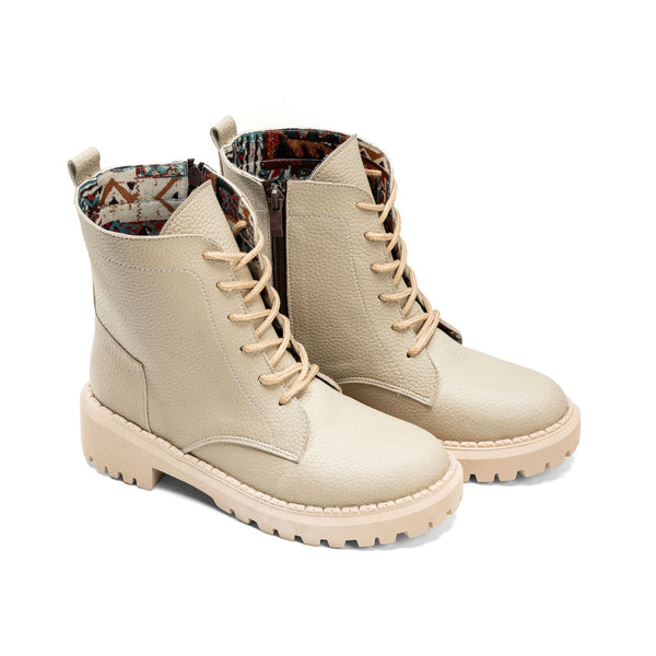 Textured Leather Combat Boot - Beige