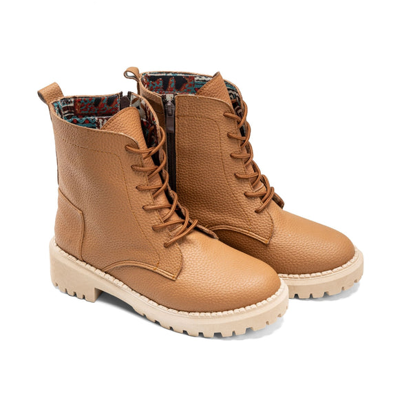 Textured Leather Combat Boot - Camel