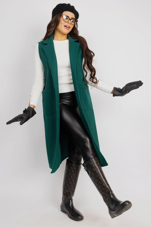 Sophisticated Long Sleeveless Coat - Green