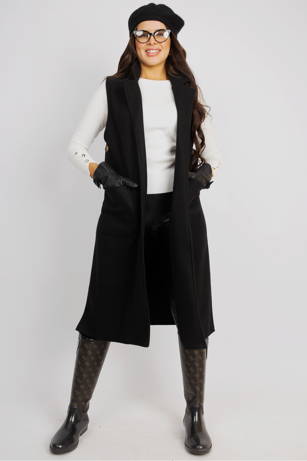 Sophisticated Long Sleeveless Coat - Black