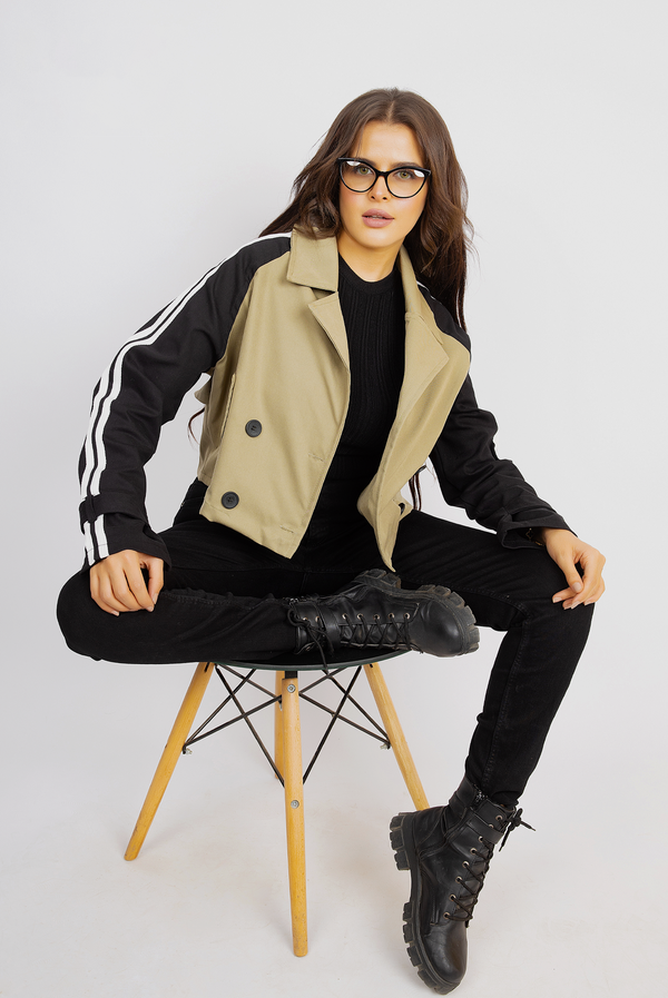 Trendy Cropped Jacket and Sporty Sleeves - Olive