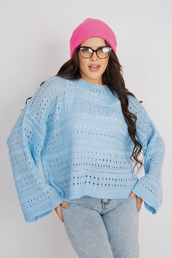 Bell Sleeve Crochet Sweater - Baby Blue