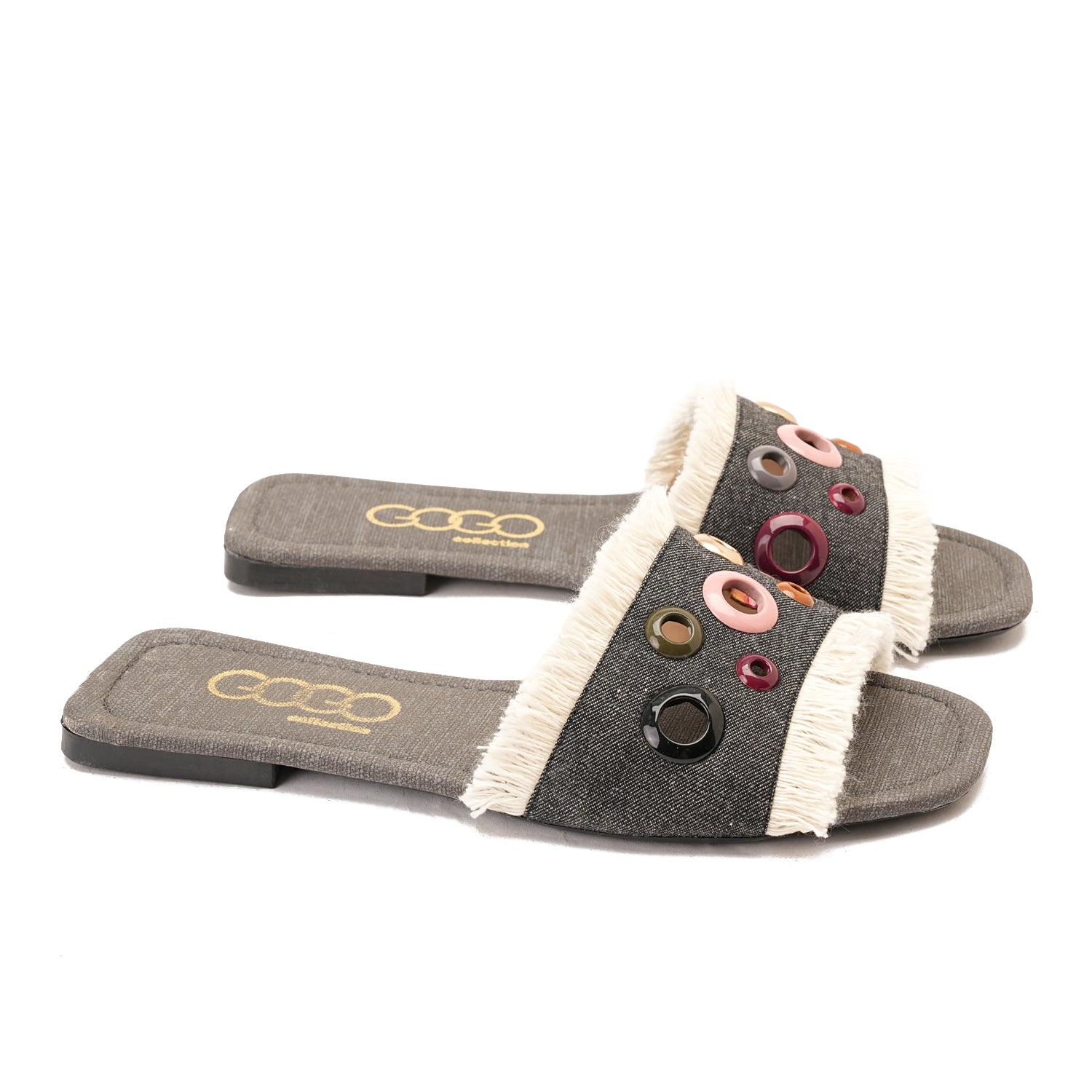  Black colorful circular flat slipper