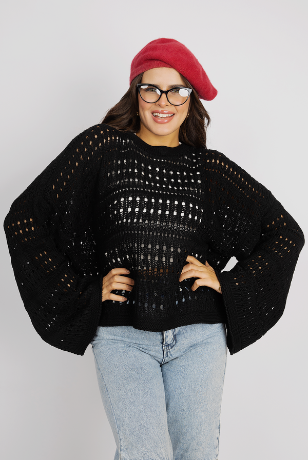 Bell Sleeve Crochet Sweater - Black