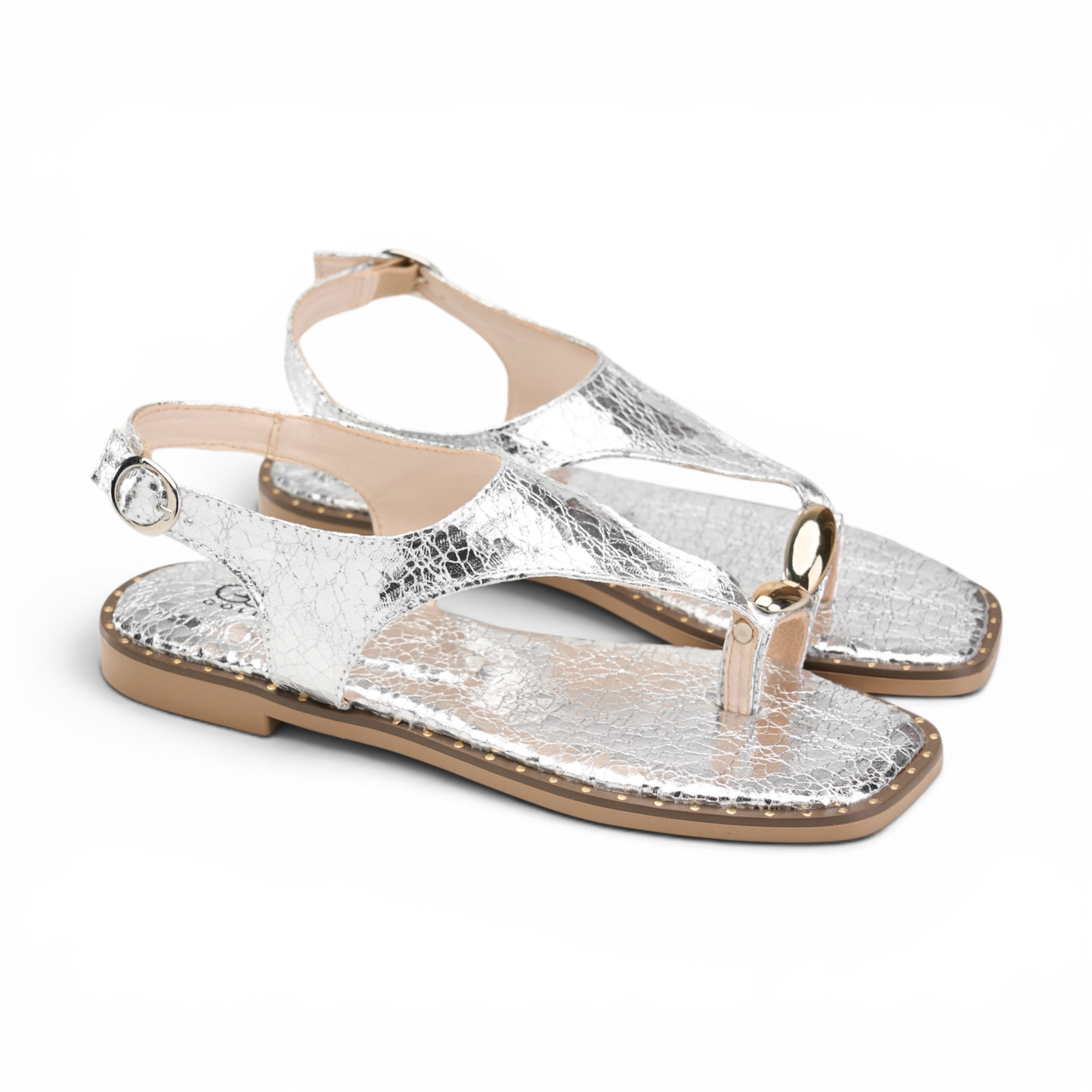 T-Strap Thong Sandals with Gold Detail - Silver