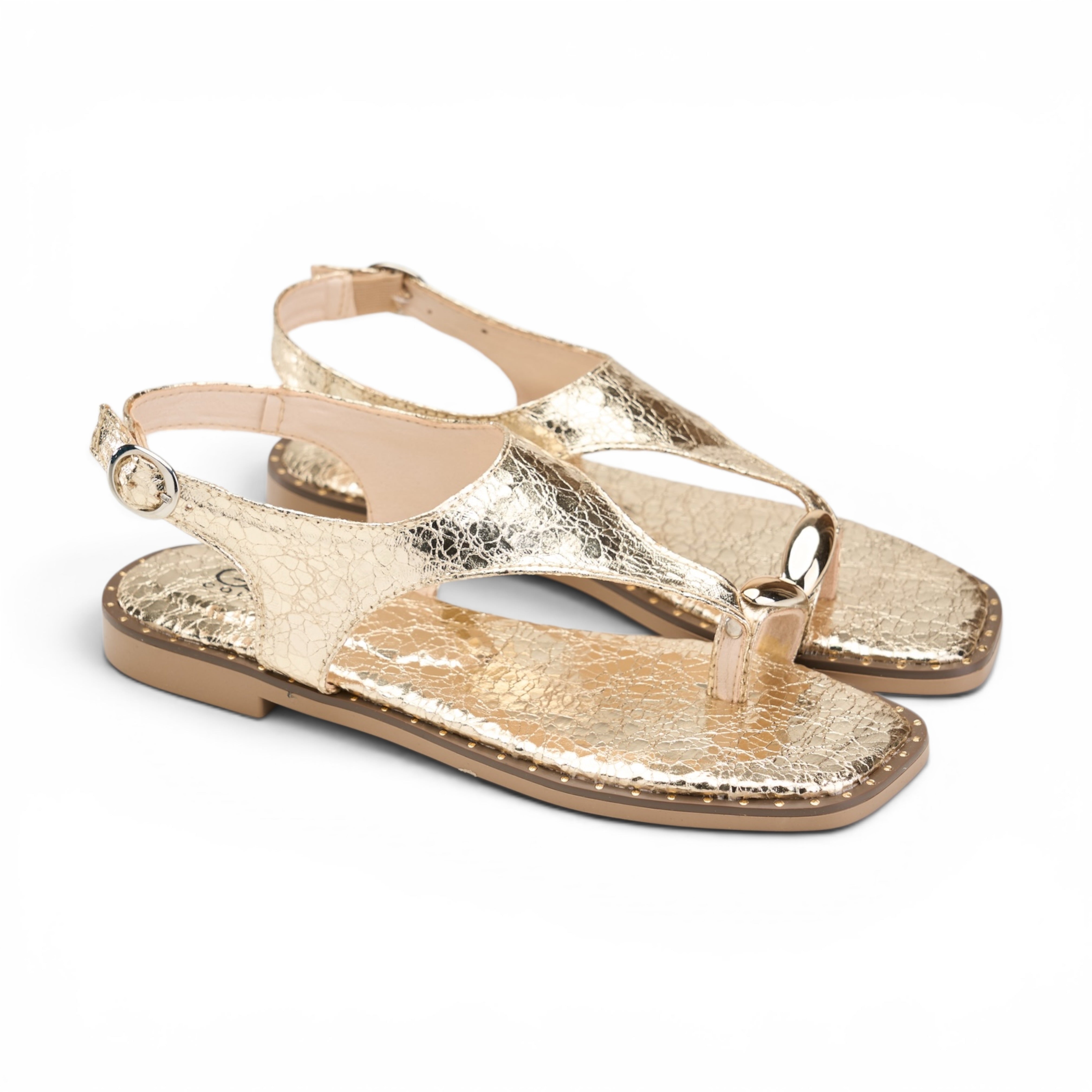 T-Strap Thong Sandals with Gold Detail - Gold