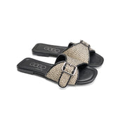 Patterned Strap Square Toe Flats - black