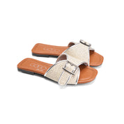 Patterned Strap Square Toe Flats - silver