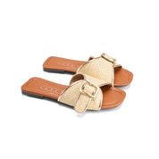 Patterned Strap Square Toe Flats - gold