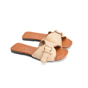 Patterned Strap Square Toe Flats - rose gold