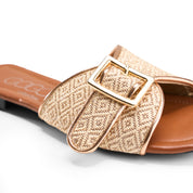 Patterned Strap Square Toe Flats - rose gold