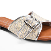Patterned Strap Square Toe Flats - silver