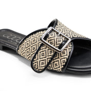 Patterned Strap Square Toe Flats - black