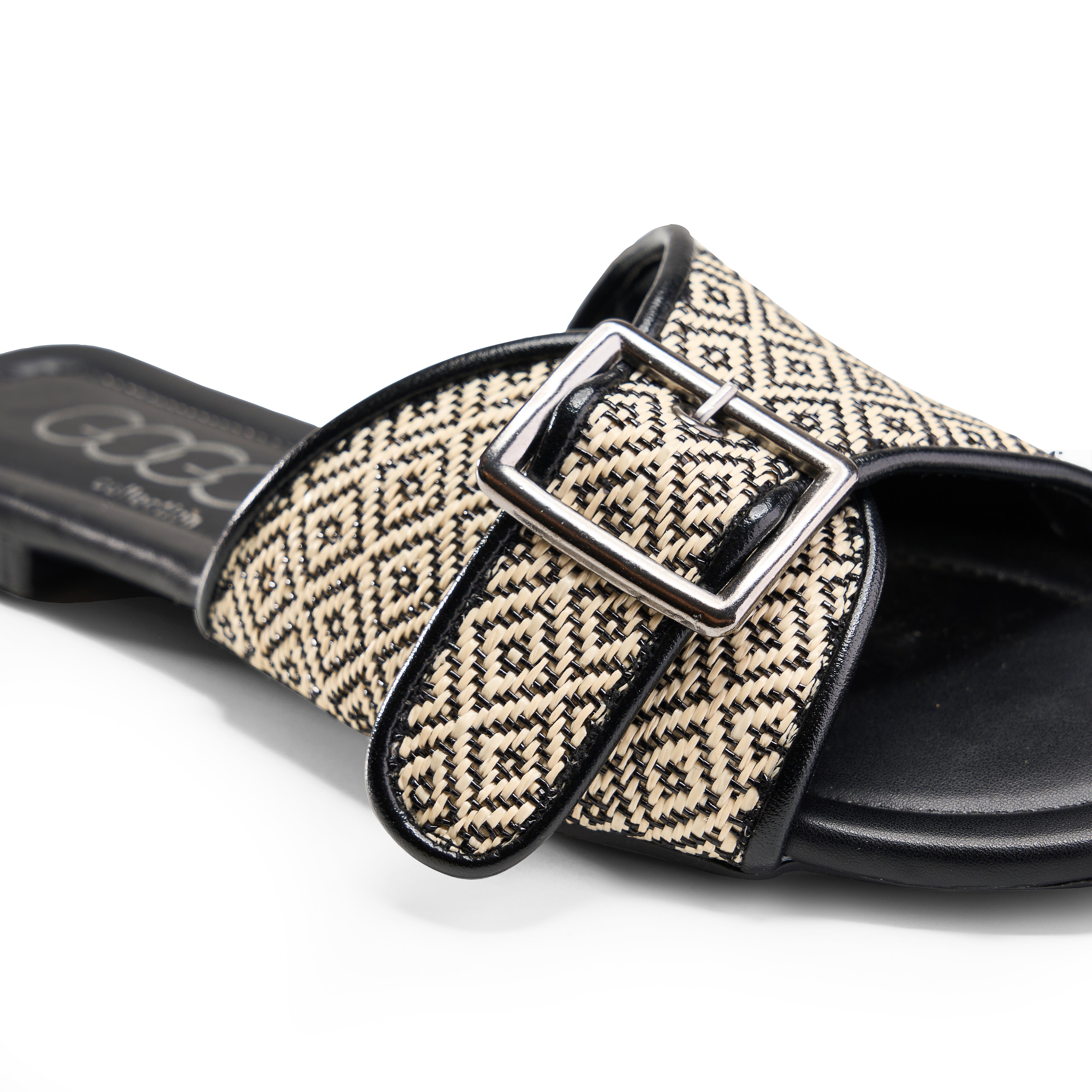 Patterned Strap Square Toe Flats - black