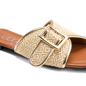 Patterned Strap Square Toe Flats - gold