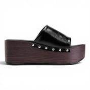 Wooden Platform Slide Sandals - Black