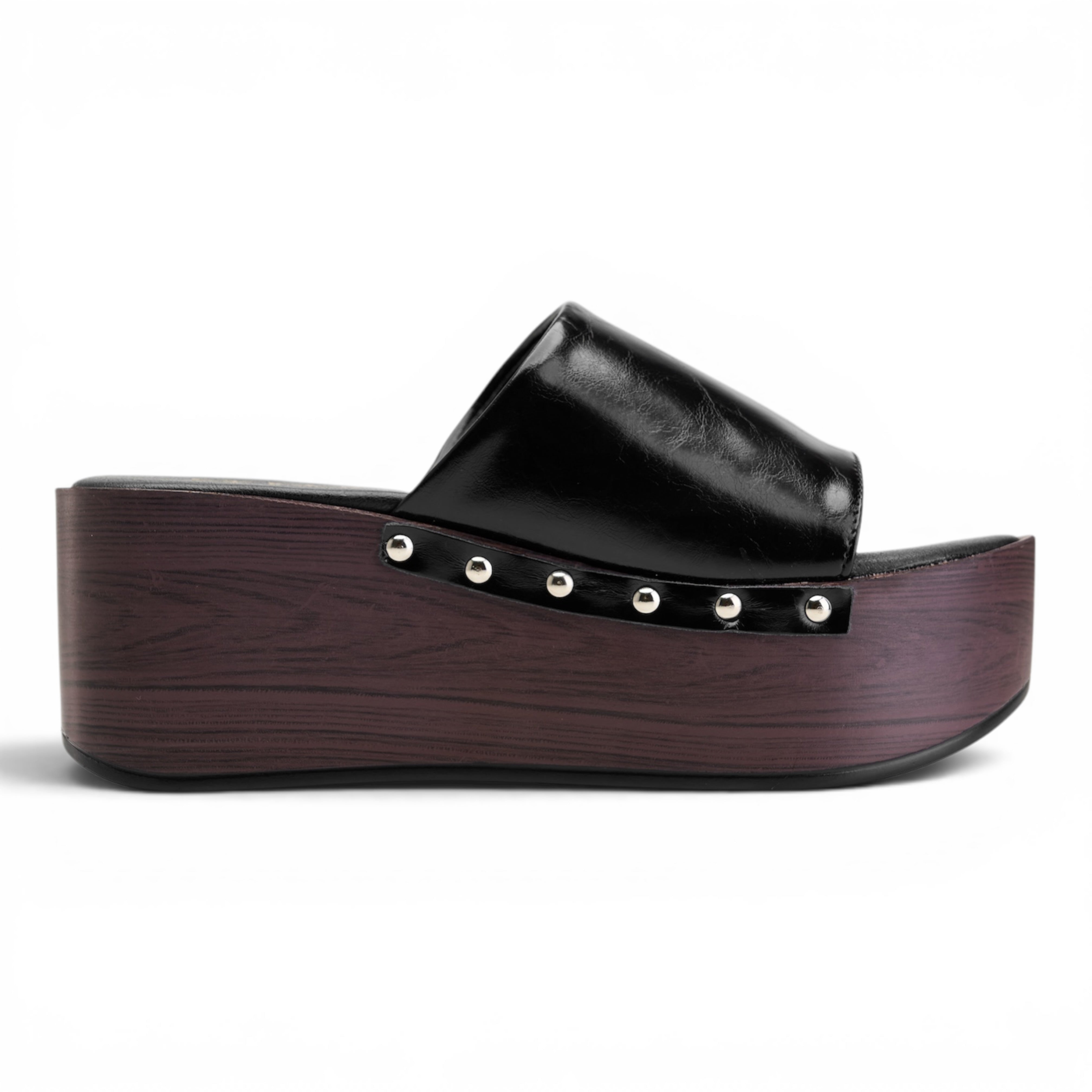 Wooden Platform Slide Sandals - Black