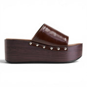 Wooden Platform Slide Sandals - Brown