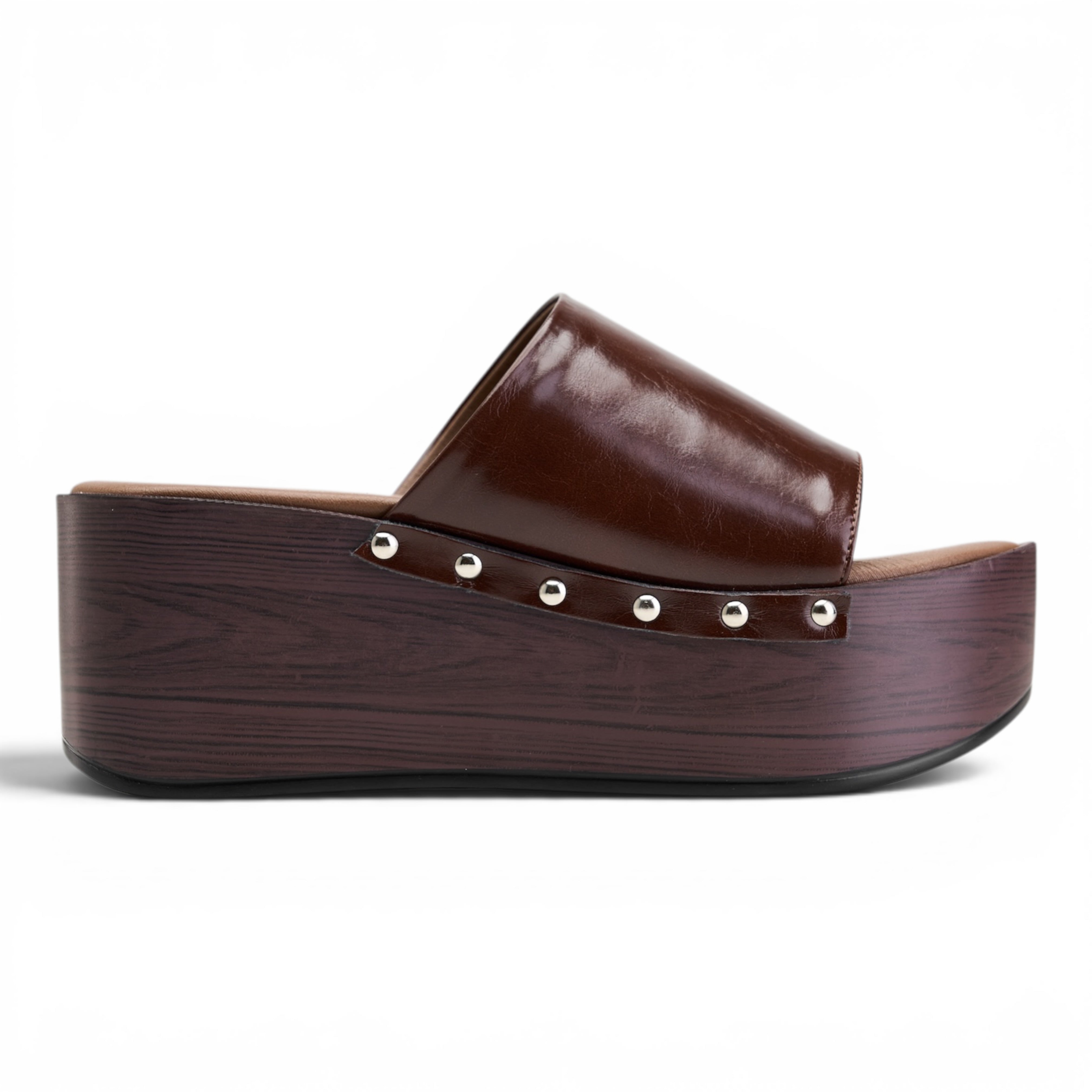 Wooden Platform Slide Sandals - Brown