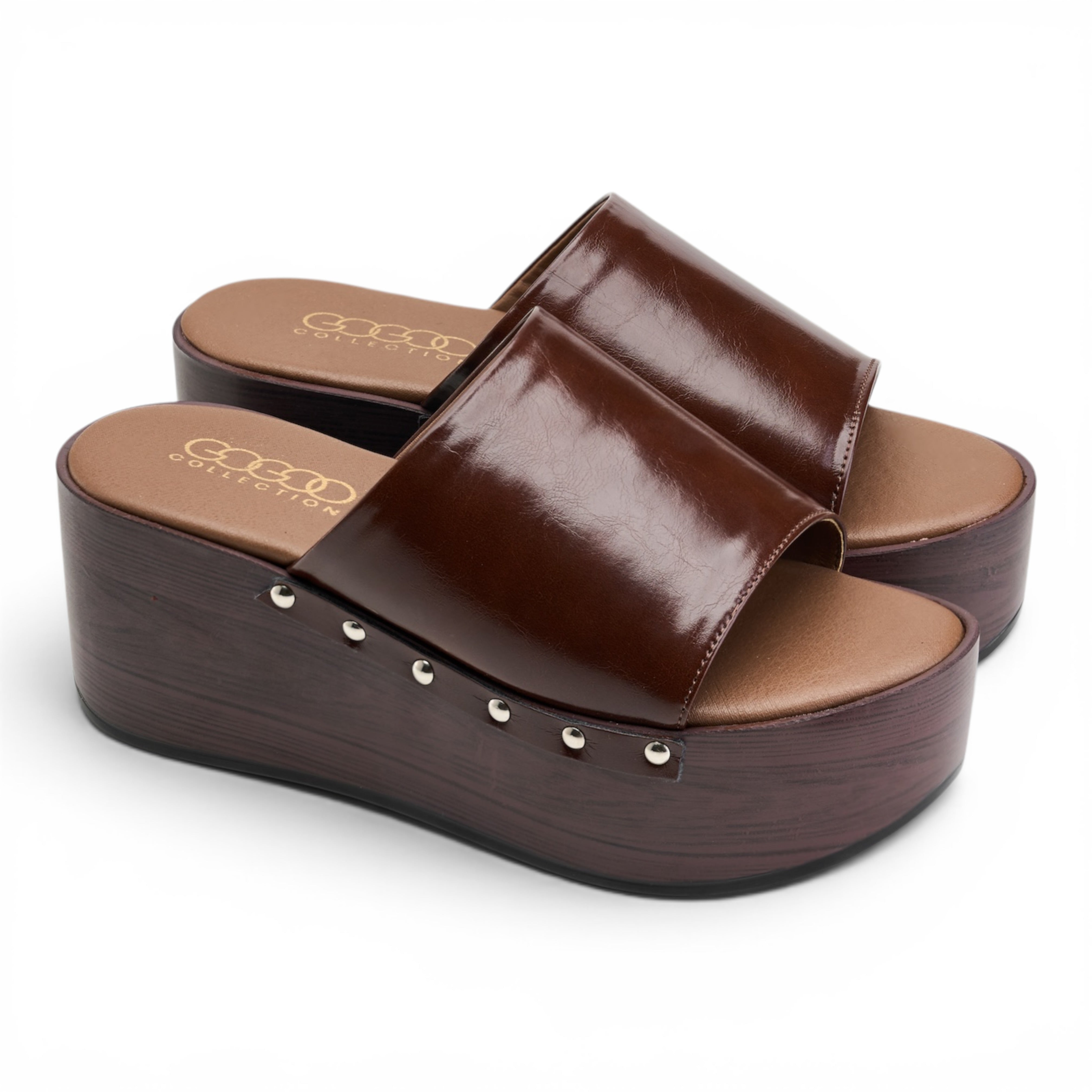 Wooden Platform Slide Sandals - Brown