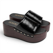 Wooden Platform Slide Sandals - Black